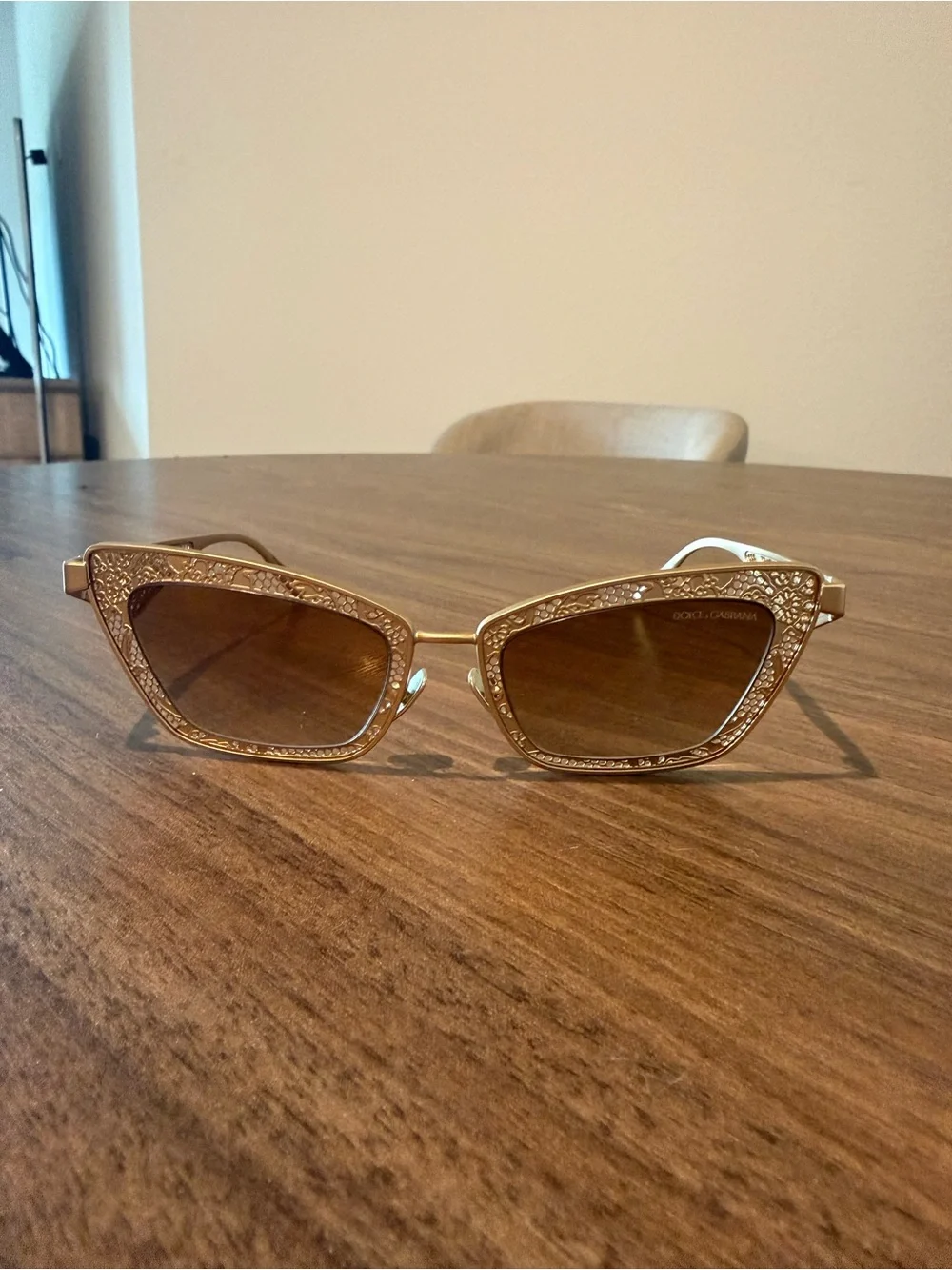 Dolce & Gabbana Gold Crystal-Embellished Cat-Eye Sunglasses with Brown Lenses